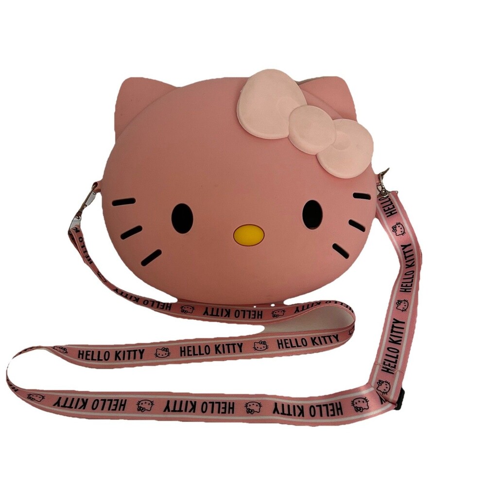 Hello Kitty Waterproof Rubber Shoulder Purse with Zipper Pink Lanyard Strap